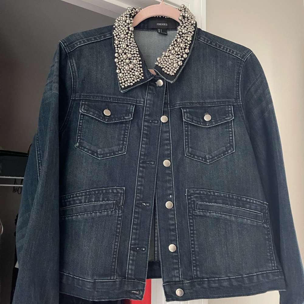 Beaded collar denim jacket